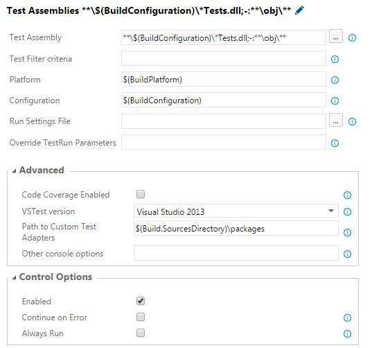 Visual Studio Test step configuration