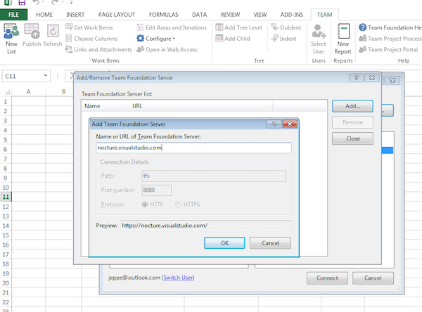 Connect Visual Studio Team Services to Excel