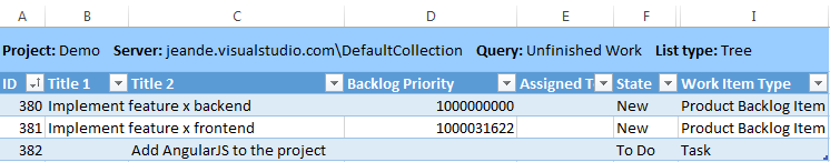 Work with Visual Studio Team Services directly in Excel