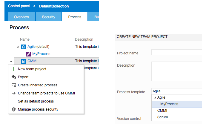 Customized processes in  Visual Studio Team Services